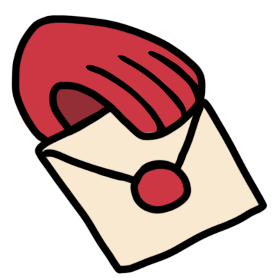 a red hand shape holding a cream-coloured envelope sealed with a red circle.